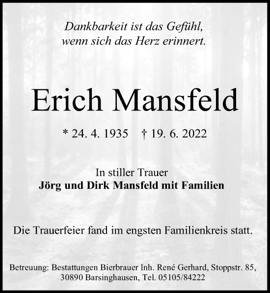 Traueranzeige von Erich Mansfeld von Hannoversche Allgemeine Zeitung/Neue Presse