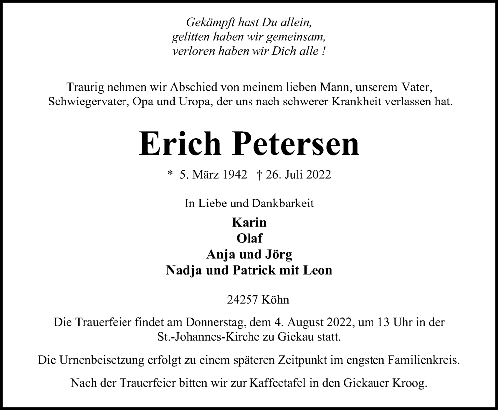  Traueranzeige für Erich Petersen vom 30.07.2022 aus Kieler Nachrichten
