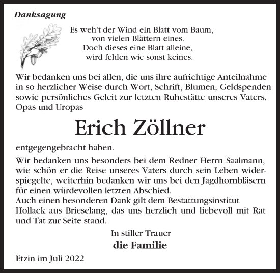 Traueranzeige von Erich Zöllner von Märkischen Allgemeine Zeitung