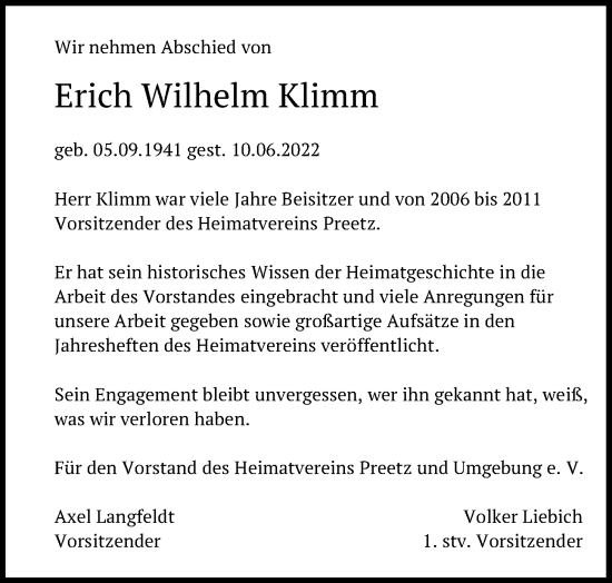 Traueranzeige von Erich Wilhelm Klimm von Kieler Nachrichten