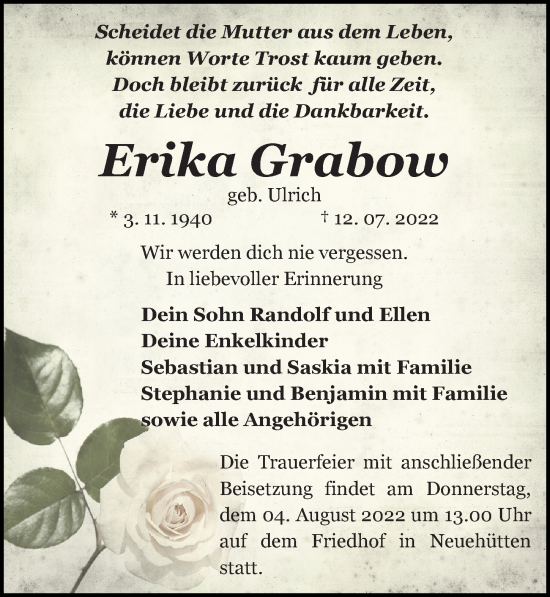 Traueranzeige von Erika Grabow von Märkischen Allgemeine Zeitung