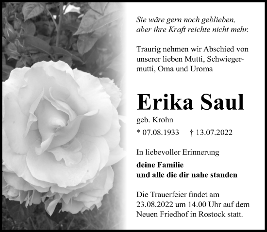 Traueranzeige von Erika Saul von Ostsee-Zeitung GmbH