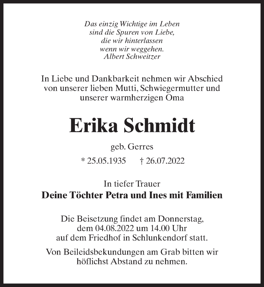  Traueranzeige für Erika Schmidt vom 30.07.2022 aus Märkischen Allgemeine Zeitung