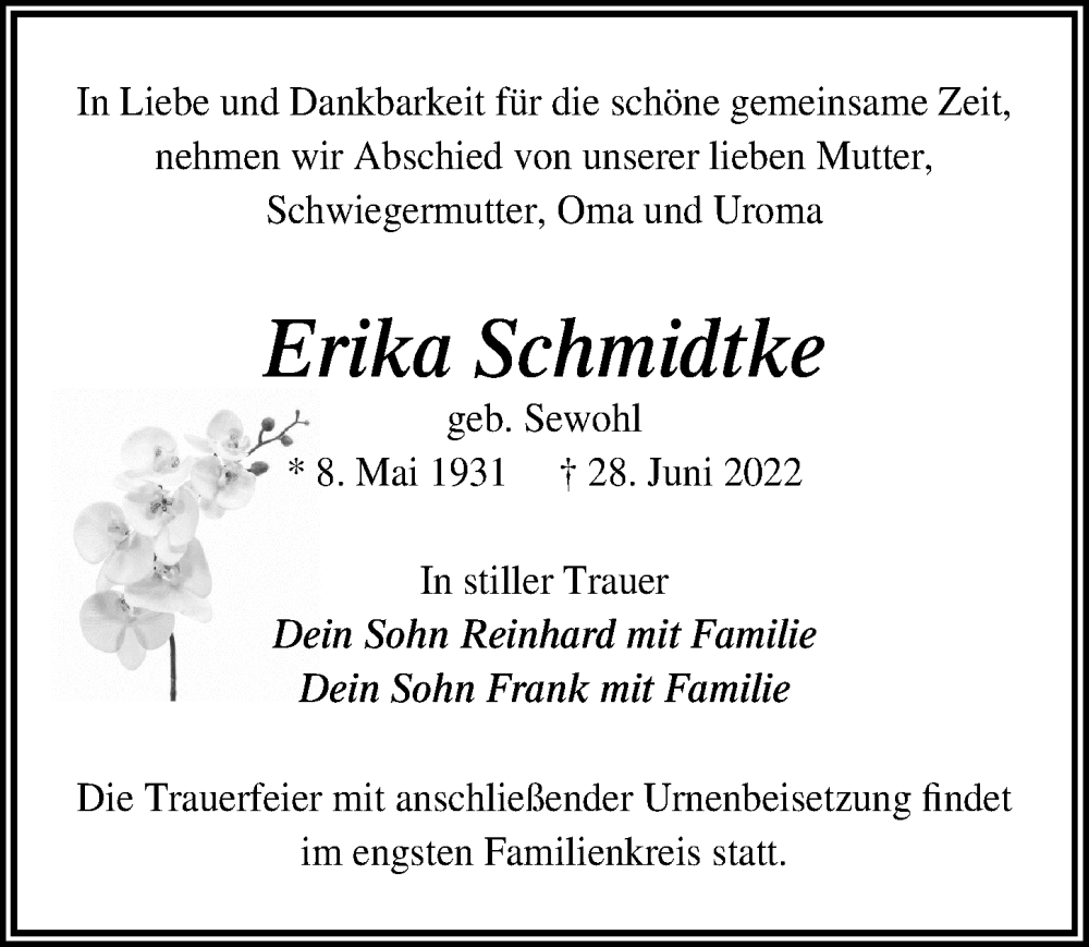  Traueranzeige für Erika Schmidtke vom 02.07.2022 aus Märkischen Allgemeine Zeitung