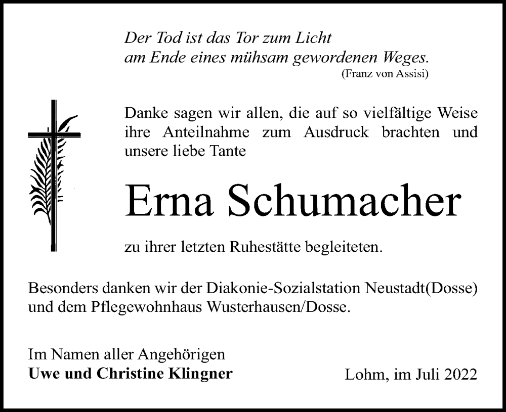  Traueranzeige für Erna Schumacher vom 23.07.2022 aus Märkischen Allgemeine Zeitung