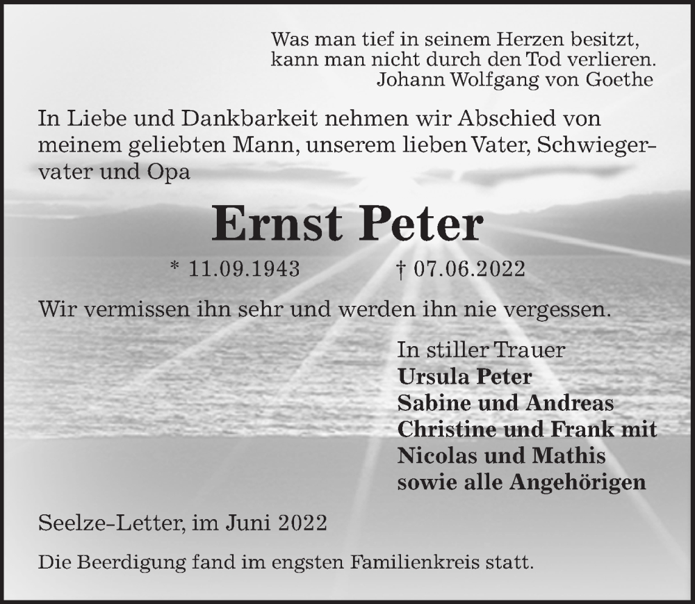 Traueranzeige für Ernst Peter vom 02.07.2022 aus Hannoversche Allgemeine Zeitung/Neue Presse