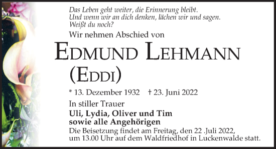 Traueranzeige von Esmund Lehmann von Märkischen Allgemeine Zeitung
