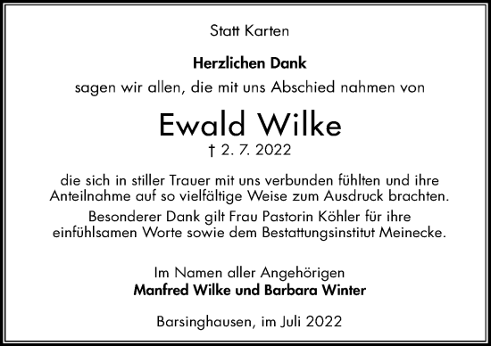 Traueranzeige von Ewald Wilke von Hannoversche Allgemeine Zeitung/Neue Presse