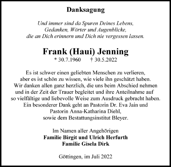 Traueranzeige von Frank Jenning von Göttinger Tageblatt