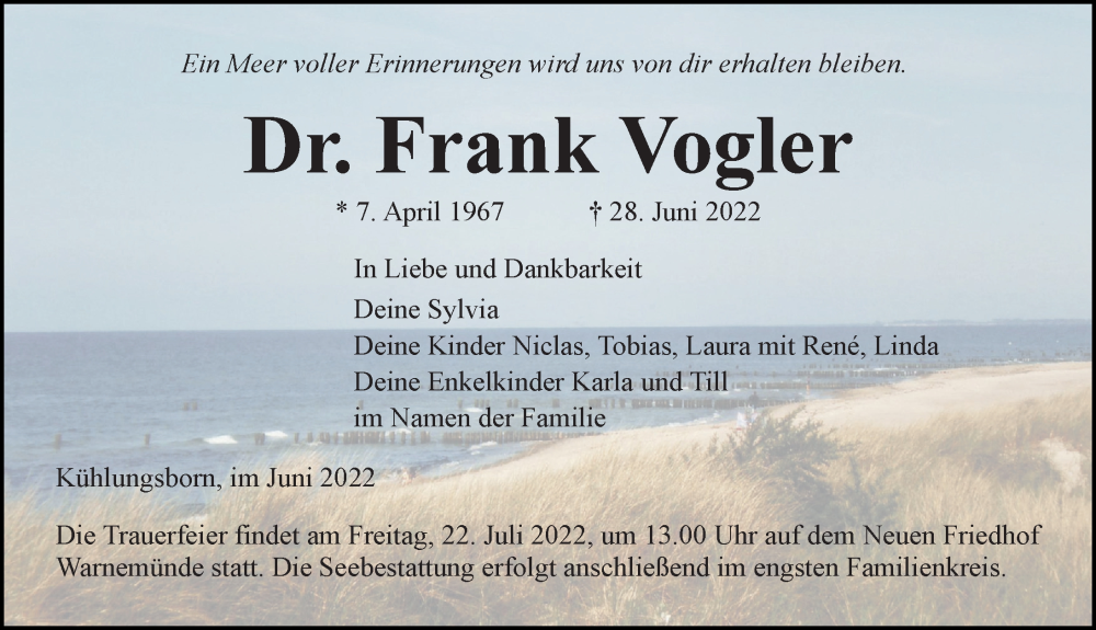  Traueranzeige für Frank Vogler vom 02.07.2022 aus Ostsee-Zeitung GmbH