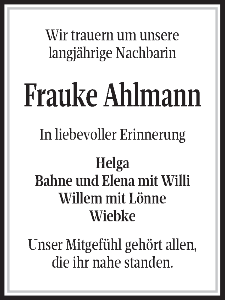  Traueranzeige für Frauke Ahlmann vom 06.07.2022 aus Kieler Nachrichten
