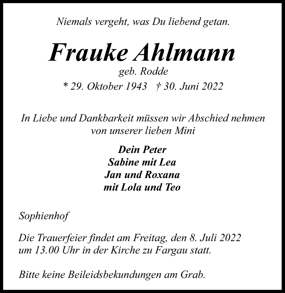  Traueranzeige für Frauke Ahlmann vom 06.07.2022 aus Kieler Nachrichten