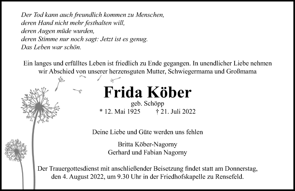  Traueranzeige für Frida Köber vom 31.07.2022 aus Lübecker Nachrichten