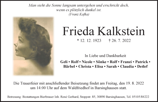 Traueranzeige von Frieda Kalkstein von Hannoversche Allgemeine Zeitung/Neue Presse