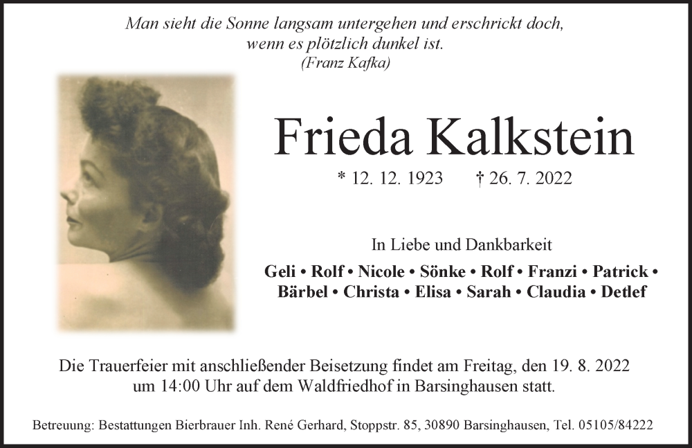  Traueranzeige für Frieda Kalkstein vom 30.07.2022 aus Hannoversche Allgemeine Zeitung/Neue Presse