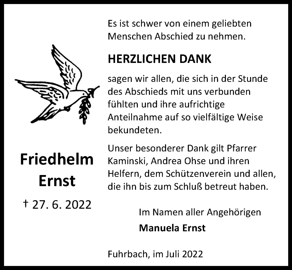  Traueranzeige für Friedhelm Ernst vom 16.07.2022 aus Eichsfelder Tageblatt