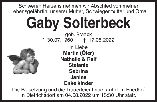Traueranzeige von Gaby Solterbeck von Kieler Nachrichten