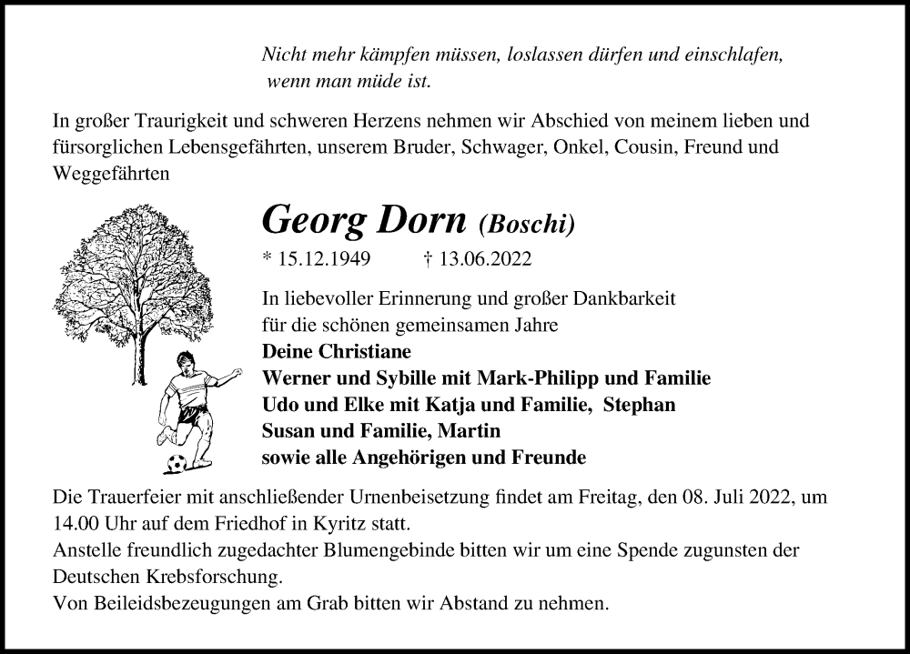  Traueranzeige für Georg Dorn vom 02.07.2022 aus Märkischen Allgemeine Zeitung