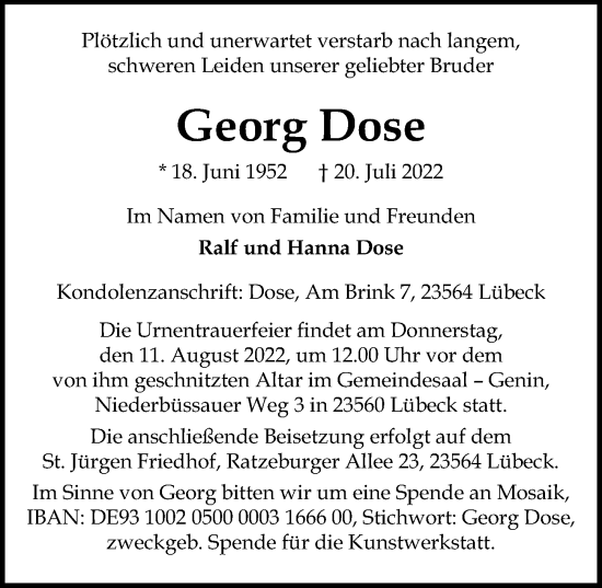 Traueranzeige von Georg Dose von Lübecker Nachrichten