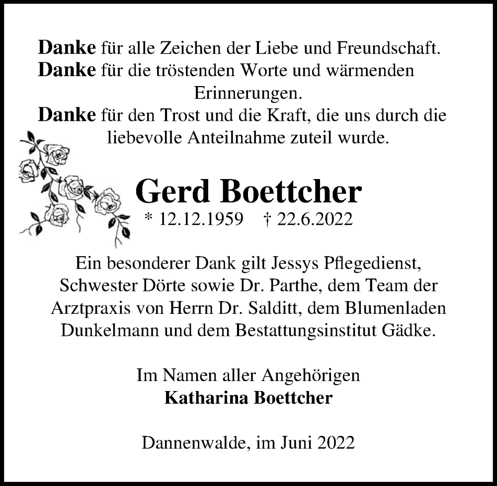  Traueranzeige für Gerd Boettcher vom 30.07.2022 aus Märkischen Allgemeine Zeitung