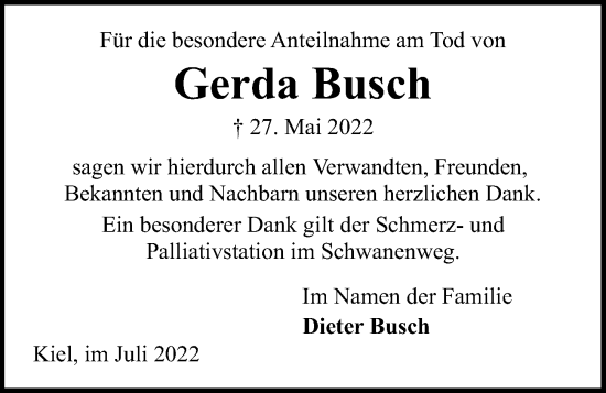 Traueranzeige von Gerda Busch von Kieler Nachrichten