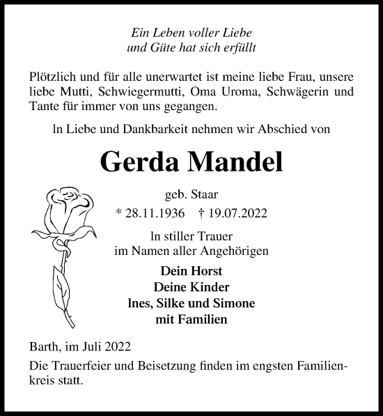 Traueranzeige von Gerda Mandel von Ostsee-Zeitung GmbH