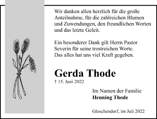 Traueranzeige von Gerda Thode von Lübecker Nachrichten