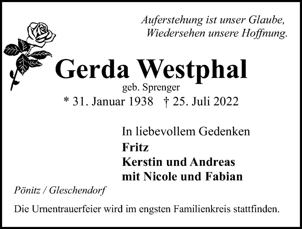  Traueranzeige für Gerda Westphal vom 31.07.2022 aus Lübecker Nachrichten