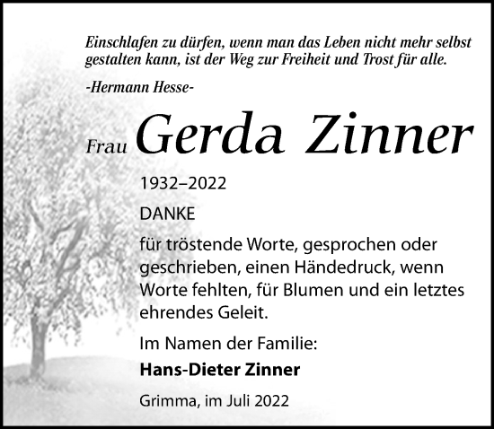 Traueranzeige von Gerda Zinner von Leipziger Volkszeitung