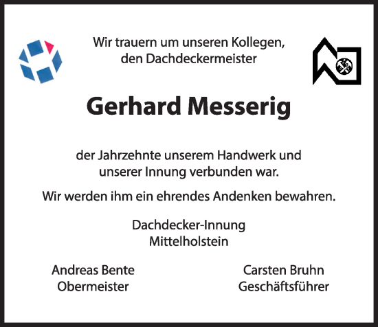 Traueranzeige von Gerhard Messerig von Kieler Nachrichten