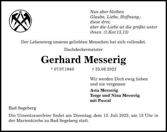 Traueranzeige von Gerhard Messerig von Kieler Nachrichten