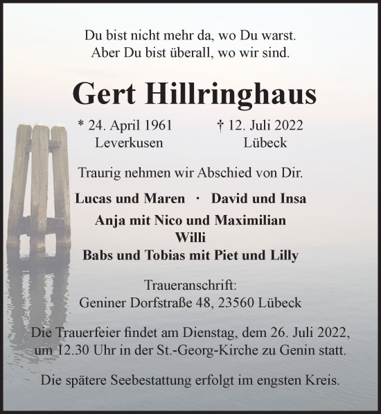 Traueranzeige von Gert Hillringhaus von Lübecker Nachrichten