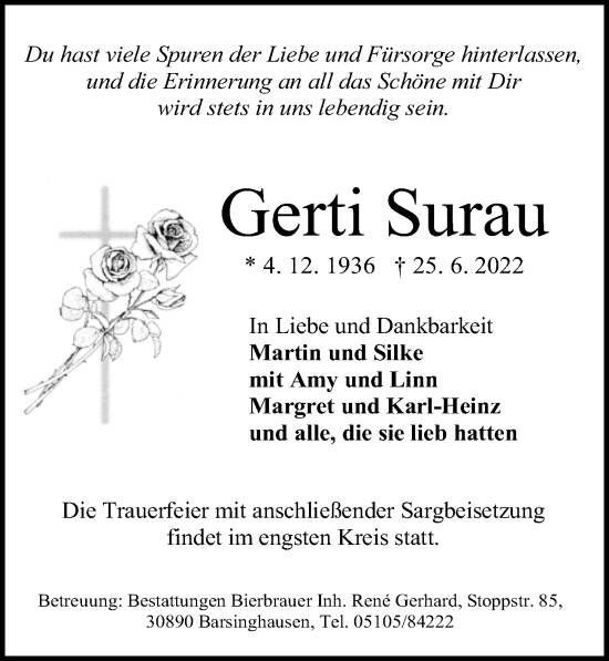 Traueranzeige von Gerti Surau von Hannoversche Allgemeine Zeitung/Neue Presse