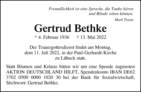 Traueranzeige von Gertrud Bethke von Lübecker Nachrichten