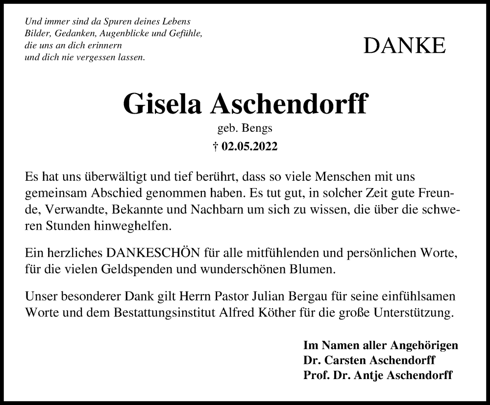  Traueranzeige für Gisela Aschendorff vom 02.07.2022 aus Peiner Allgemeine Zeitung