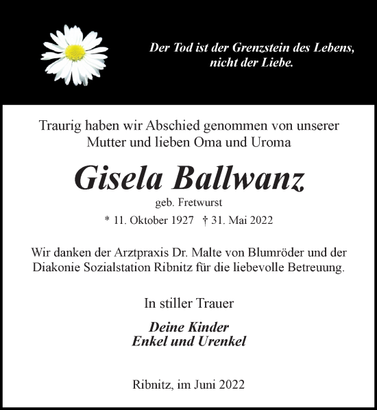 Traueranzeige von Gisela Ballwanz von Ostsee-Zeitung GmbH