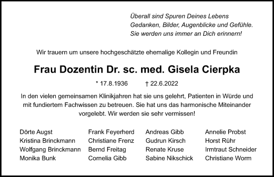 Traueranzeige von Gisela Cierpka von Ostsee-Zeitung GmbH