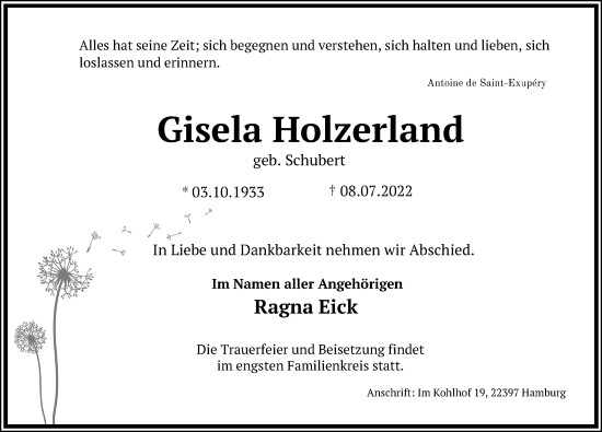 Traueranzeige von Gisela Holzerland von Lübecker Nachrichten