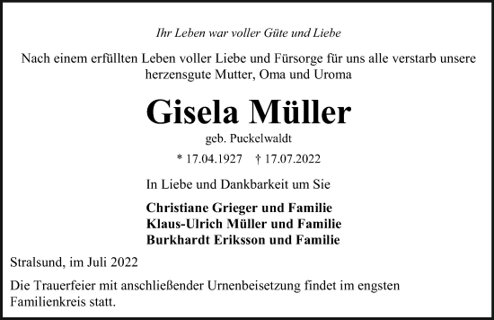 Traueranzeige von Gisela Müller von Ostsee-Zeitung GmbH