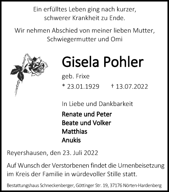 Traueranzeige von Gisela Pohler von Göttinger Tageblatt