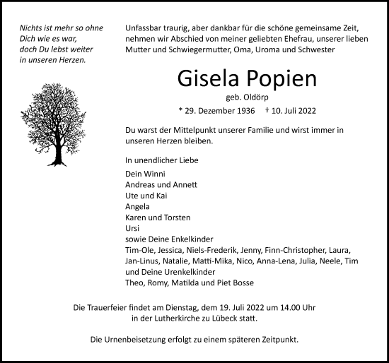 Traueranzeige von Gisela Popien von Lübecker Nachrichten