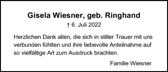 Traueranzeige von Gisela Wiesner von Kieler Nachrichten