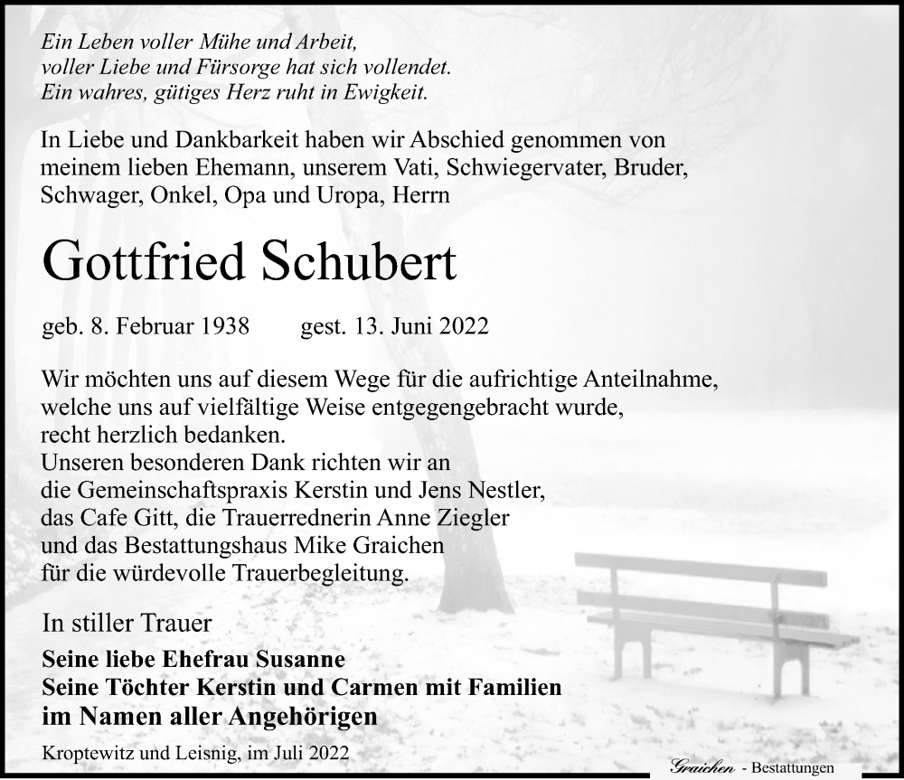  Traueranzeige für Gottfried Schubert vom 02.07.2022 aus Leipziger Volkszeitung