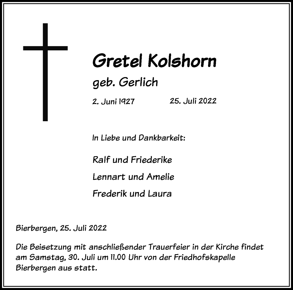  Traueranzeige für Gretel Kolshorn vom 28.07.2022 aus Peiner Allgemeine Zeitung