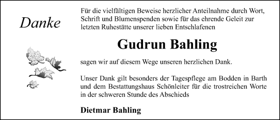 Traueranzeige von Gudrun Bahling von Ostsee-Zeitung GmbH