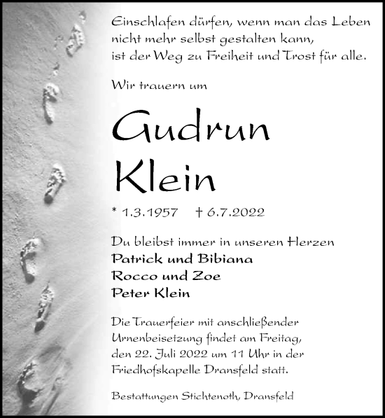 Traueranzeige von Gudrun Klein von Göttinger Tageblatt