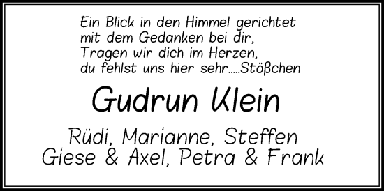 Traueranzeige von Gudrun Klein von Göttinger Tageblatt