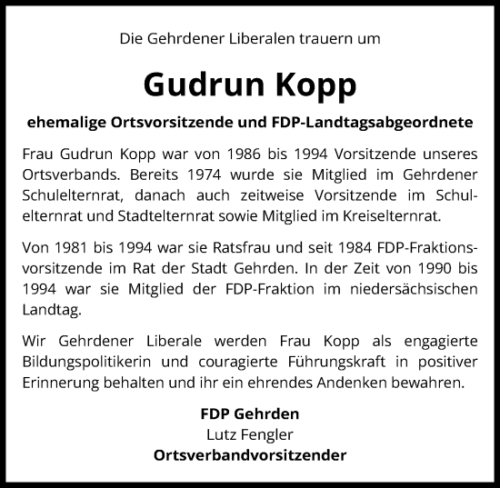Traueranzeige von Gudrun Kopp von Hannoversche Allgemeine Zeitung/Neue Presse