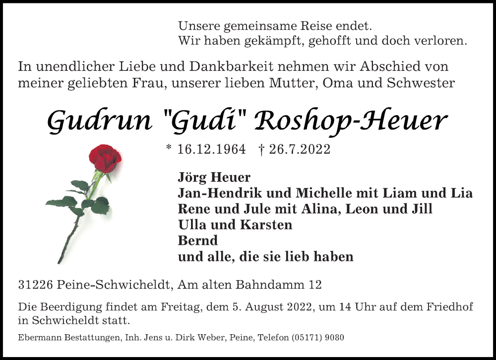  Traueranzeige für Gudrun  Roshop-Heuer vom 30.07.2022 aus Peiner Allgemeine Zeitung