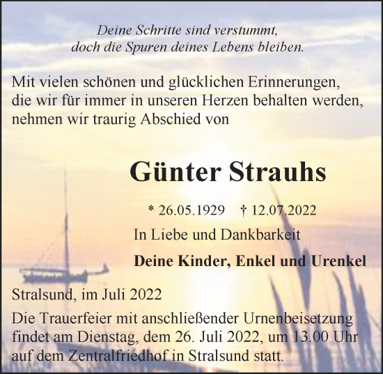 Traueranzeige von Günter Strauhs von Ostsee-Zeitung GmbH